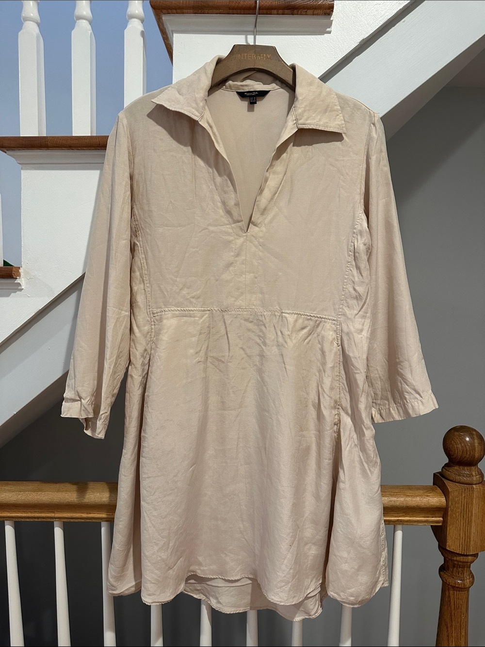 Massimo Dutti Light Beige Collared Long-Sleeve Tunic Dress